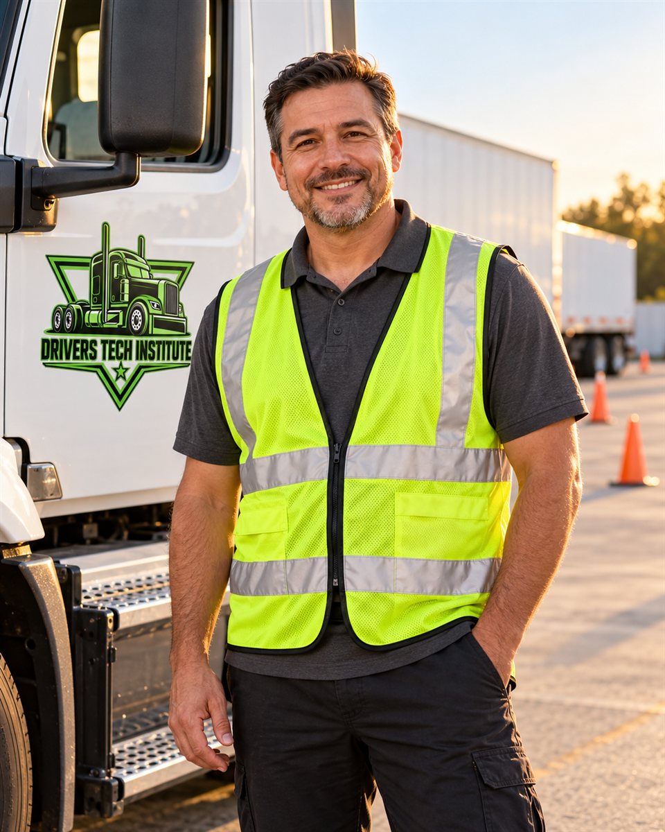 Instructor in a safety vest beside a white training truck.