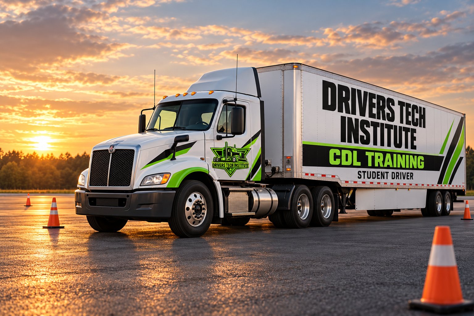 White CDL training tractor-trailer with Drivers Tech Institute branding on the door and trailer.